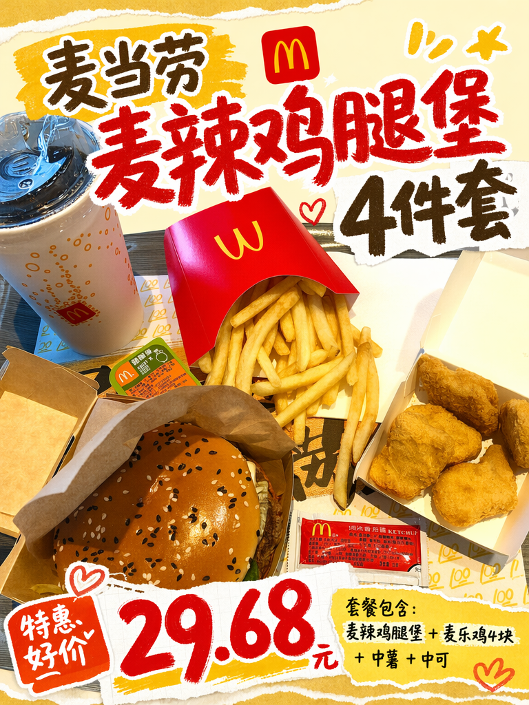 麦当劳麦辣鸡腿堡四件套29.68元,辣堡全餐超值